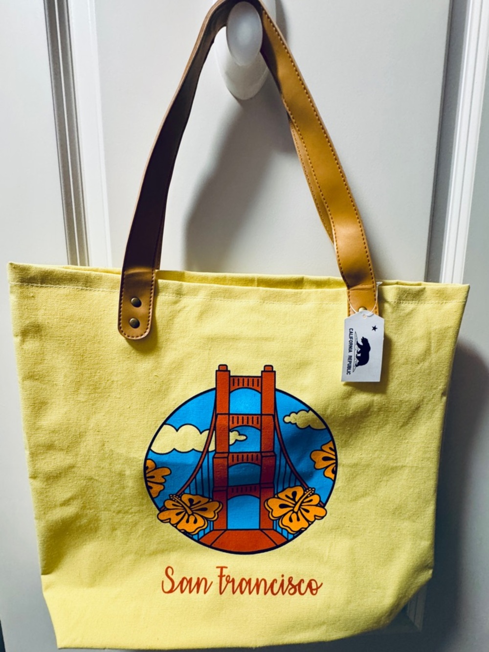 San Francisco Yellow Canvas Tote Bag with Tan Handles